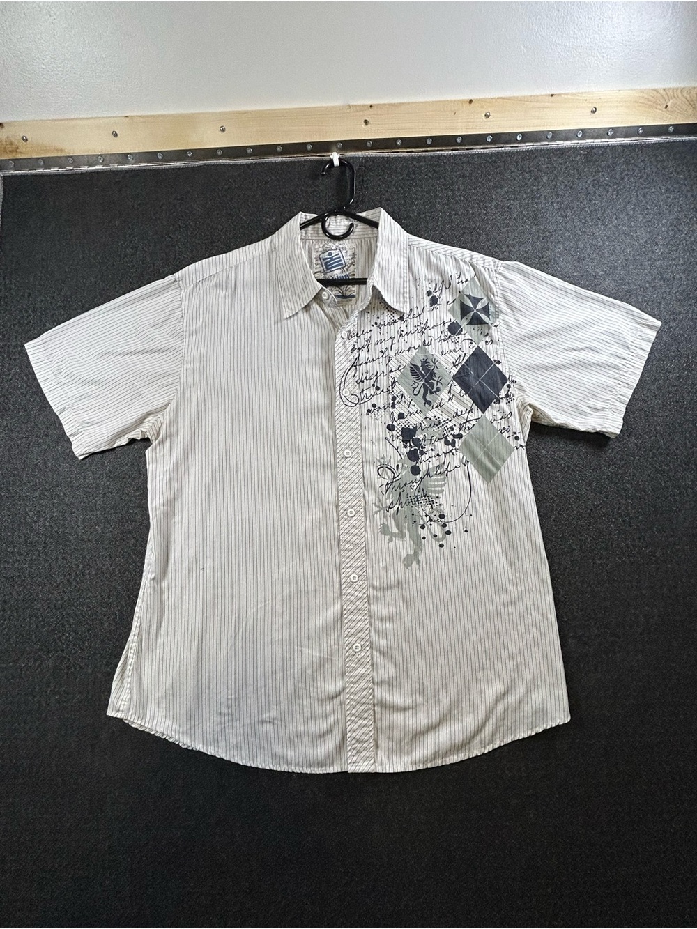 Machine Shirt Mens XL Blue Cotton Short Sleeve Button Up Striped Graphic